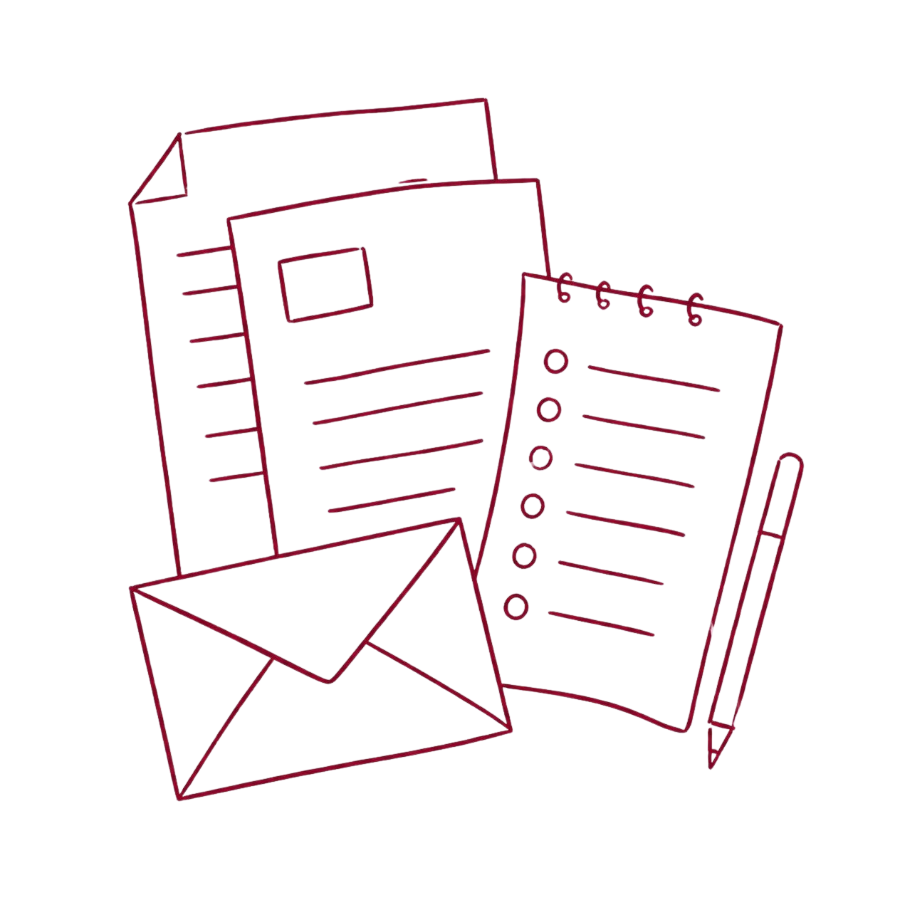 Ilustración de documentos, una agenda, un sobre y un lápiz